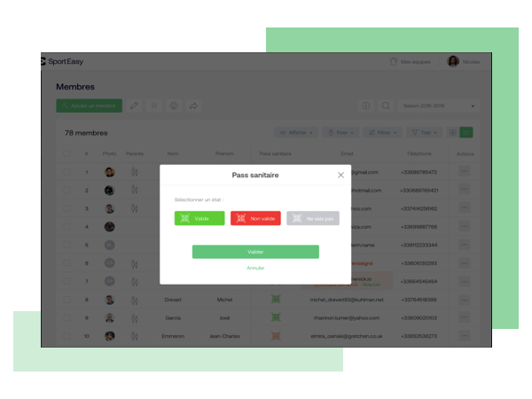 fenêtre choix statut pass sanitaire club sporteasy