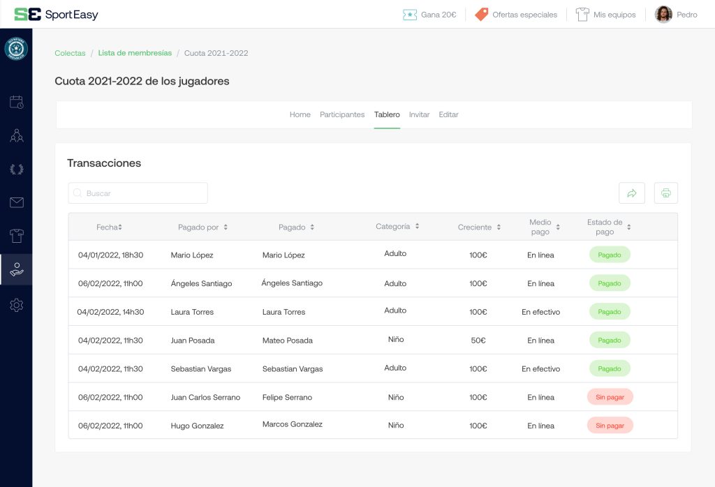 Imagen que presenta la funcionalidad de cobros de SportEasy Club
