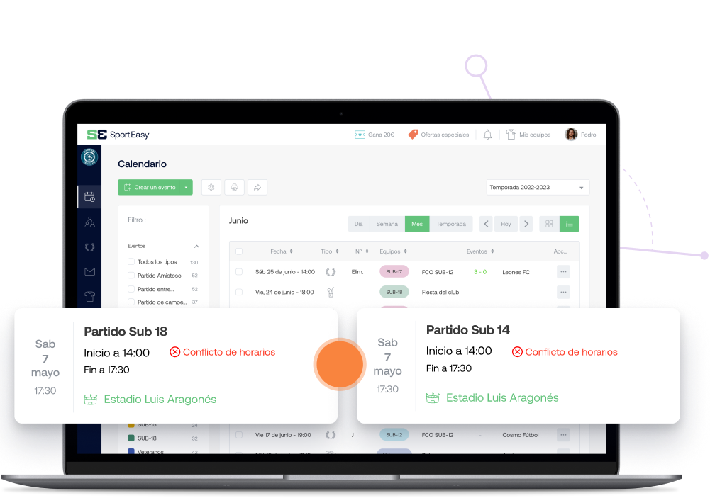El calendario compartido de SportEasy permite tener una visión clara sobre todos los eventos del club.