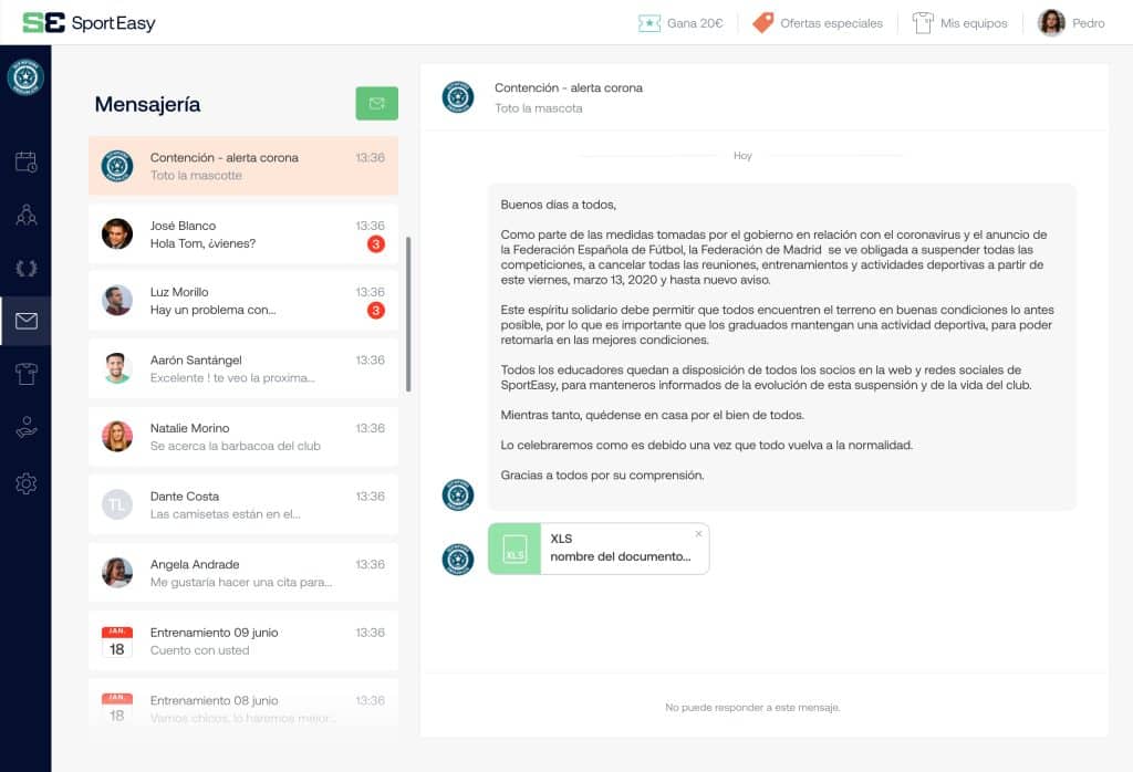 Imagen presentando la funcionalidad de Mensajería Club de SportEasy