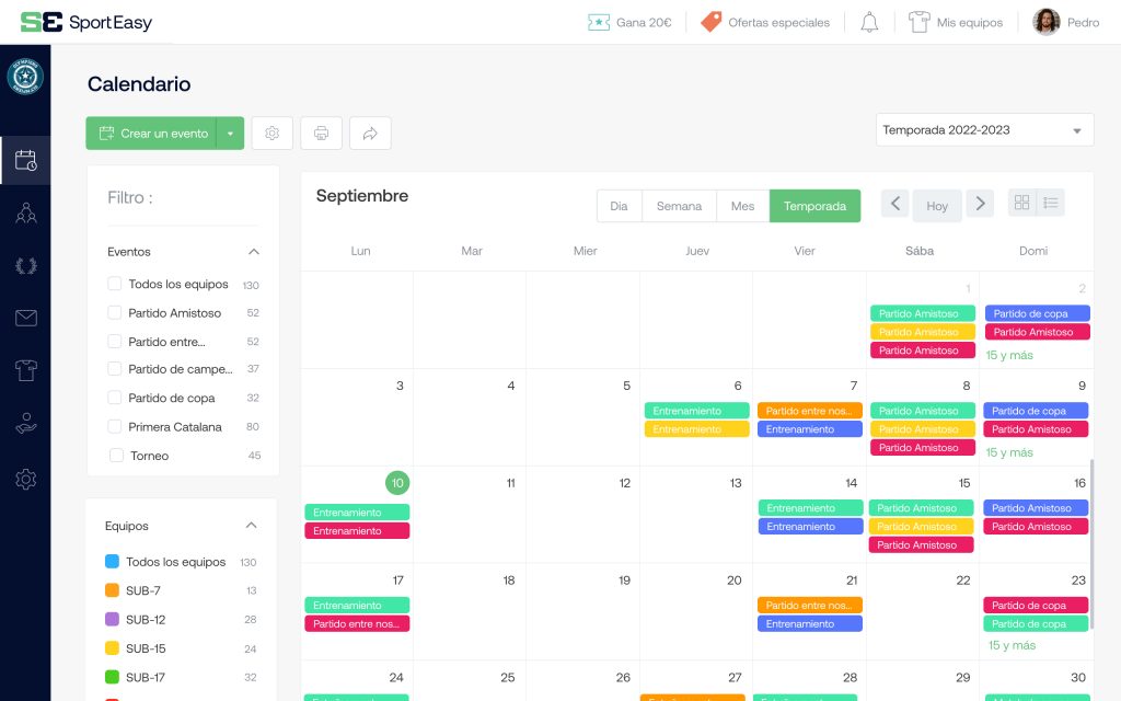 El calendario de un equipo en SportEasy