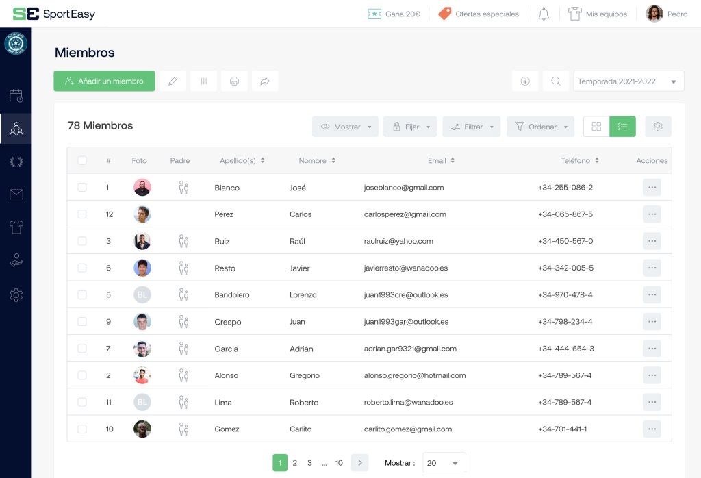 Base de datos de los miembros del equipo en SportEasy