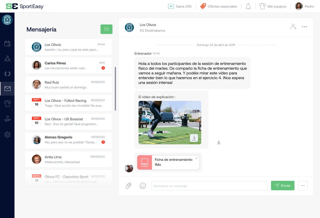 La mensajería de SportEasy es intuitiva y interactiva