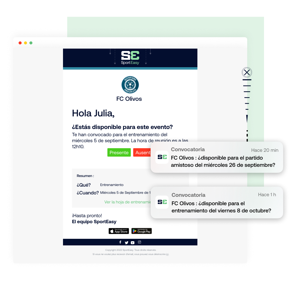 En SportEasy, puedes recibir las convocatorias por notificación push o email