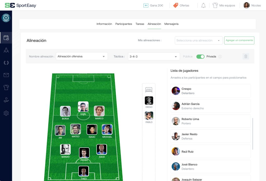 En SportEasy puedes crear la alineación de tu equipo