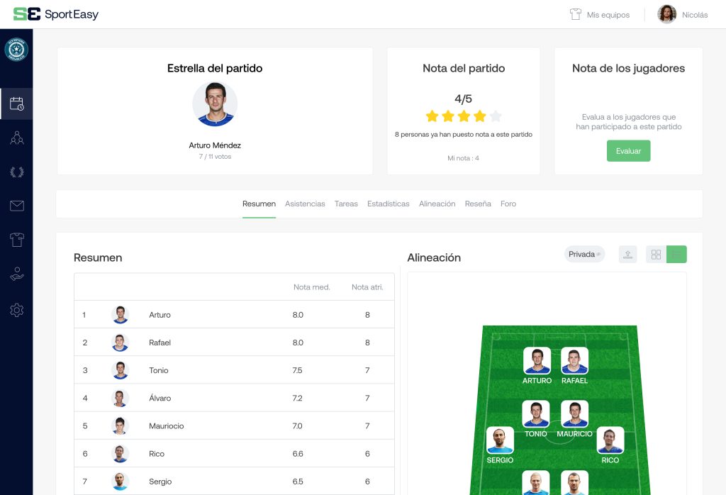 El post-partido en SportEasy : notas y votos