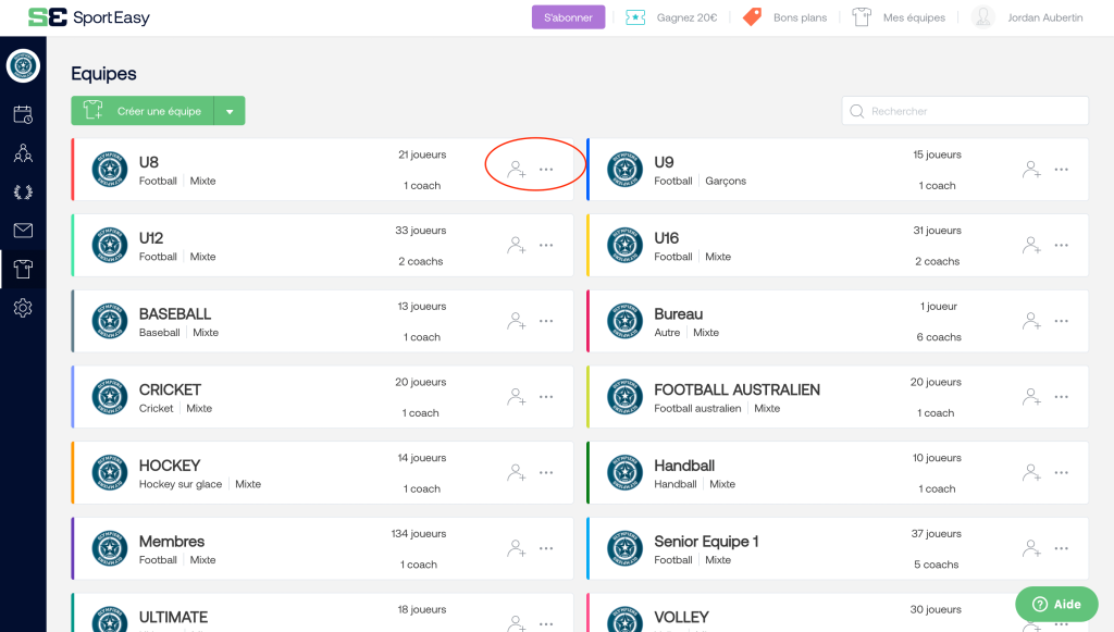 Page de gestion des différentes équipes d'une association sportive sur SportEasy Club